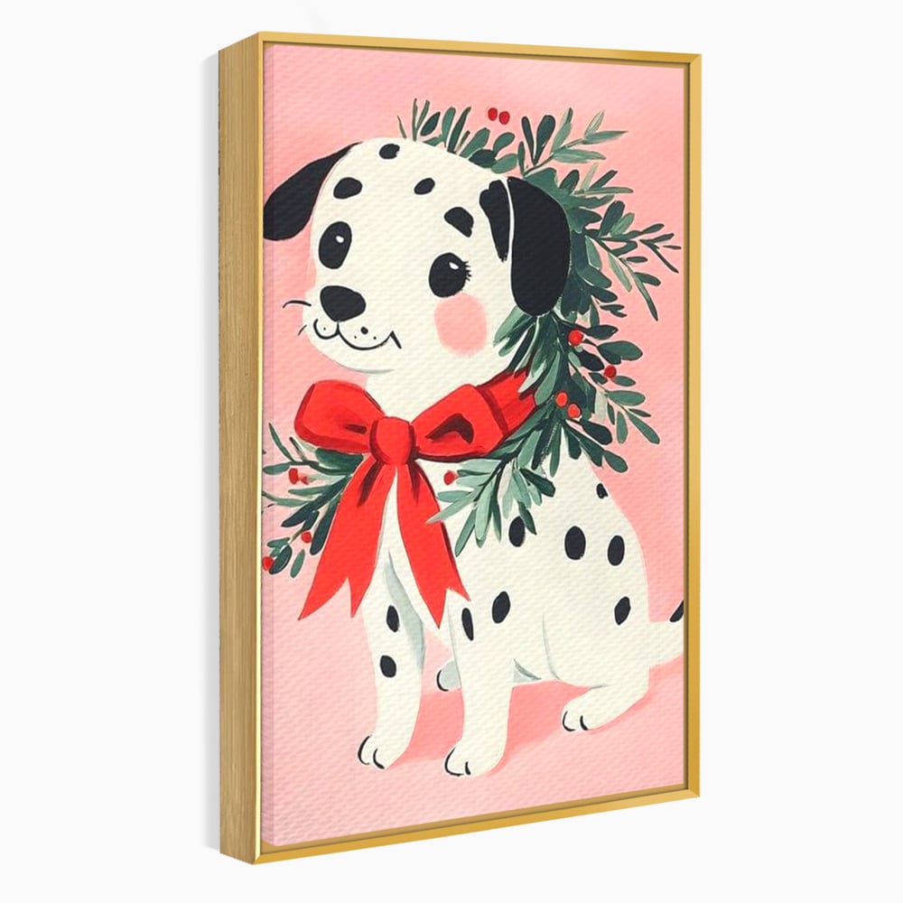 Tablou Canvas Premium, LuxCanva® D1093, Dalmatianul de Craciun, Bucurie, Gingasie, Funda, Rosie, Pui, Catel, Pete, Zambet, Blanos, Coronita, Brad, Canin, Roz, Magie, Camera Copil, Living, Dormitor