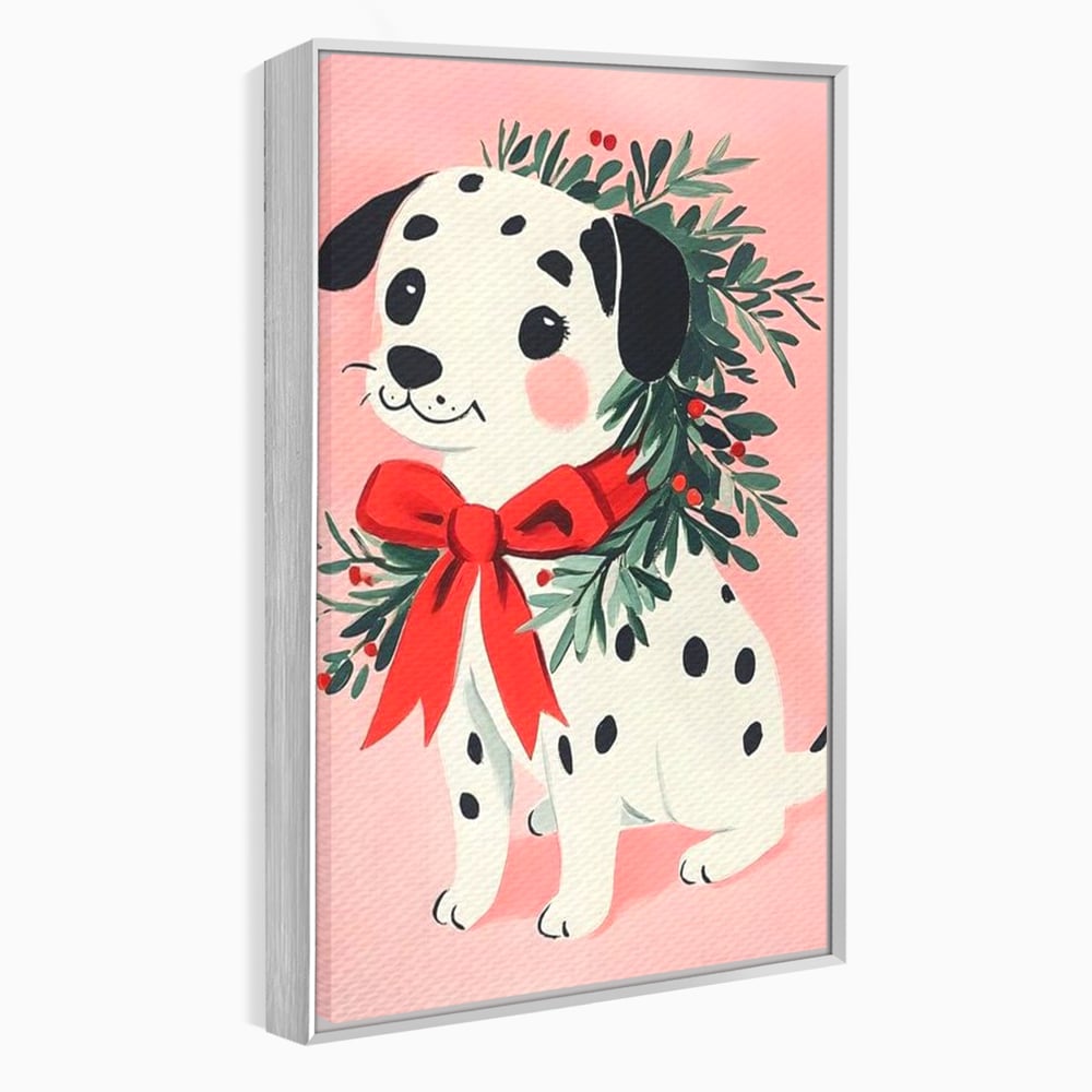 Tablou Canvas Premium, LuxCanva® D1093, Dalmatianul de Craciun, Bucurie, Gingasie, Funda, Rosie, Pui, Catel, Pete, Zambet, Blanos, Coronita, Brad, Canin, Roz, Magie, Camera Copil, Living, Dormitor