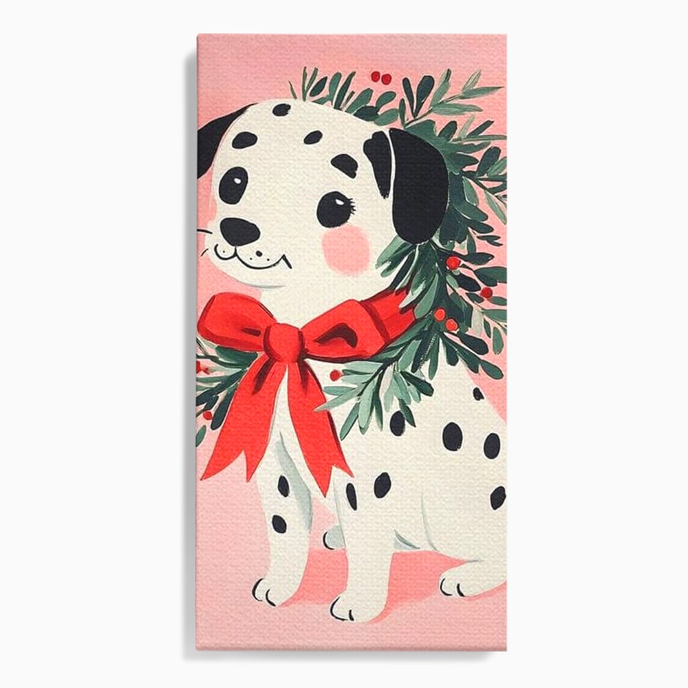 Tablou Canvas Premium, LuxCanva® D1093, Dalmatianul de Craciun, Bucurie, Gingasie, Funda, Rosie, Pui, Catel, Pete, Zambet, Blanos, Coronita, Brad, Canin, Roz, Magie, Camera Copil, Living, Dormitor