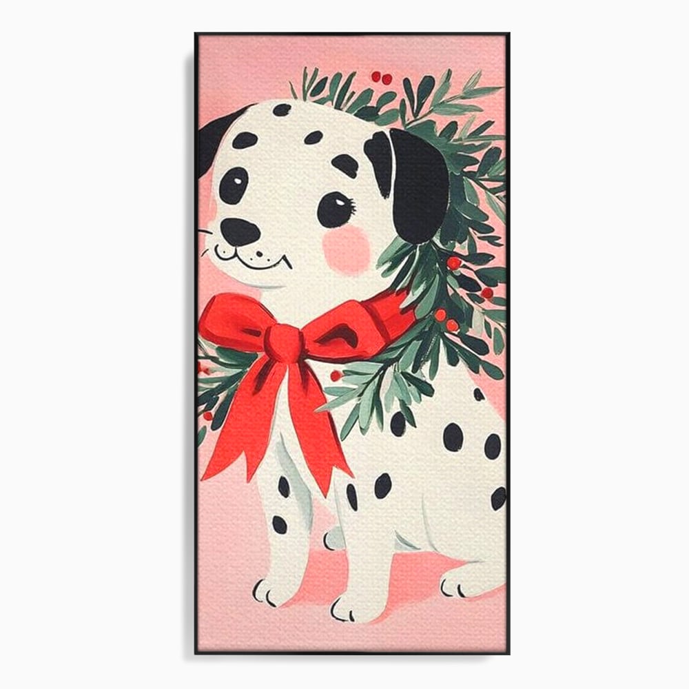 Tablou Canvas Premium, LuxCanva® D1093, Dalmatianul de Craciun, Bucurie, Gingasie, Funda, Rosie, Pui, Catel, Pete, Zambet, Blanos, Coronita, Brad, Canin, Roz, Magie, Camera Copil, Living, Dormitor