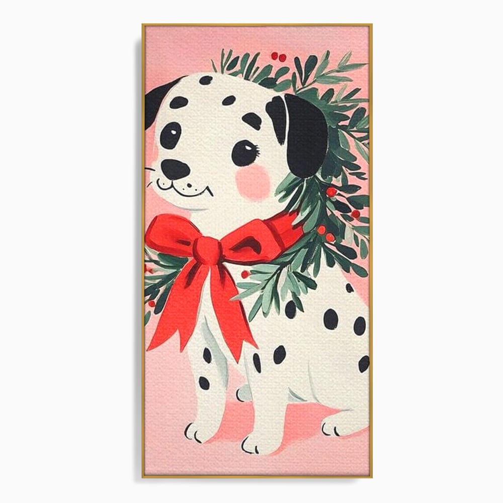 Tablou Canvas Premium, LuxCanva® D1093, Dalmatianul de Craciun, Bucurie, Gingasie, Funda, Rosie, Pui, Catel, Pete, Zambet, Blanos, Coronita, Brad, Canin, Roz, Magie, Camera Copil, Living, Dormitor