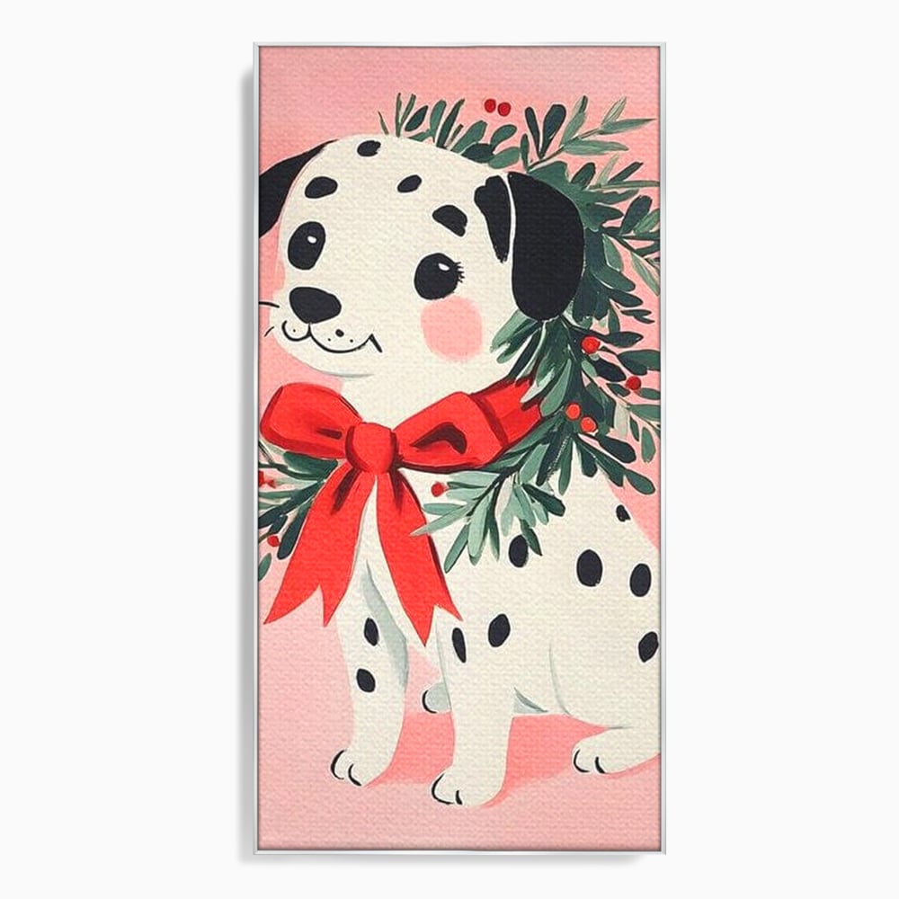 Tablou Canvas Premium, LuxCanva® D1093, Dalmatianul de Craciun, Bucurie, Gingasie, Funda, Rosie, Pui, Catel, Pete, Zambet, Blanos, Coronita, Brad, Canin, Roz, Magie, Camera Copil, Living, Dormitor