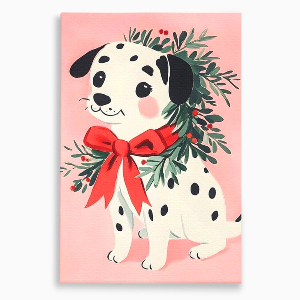Tablou Canvas Premium, LuxCanva® D1093, Dalmatianul de Craciun, Bucurie, Gingasie, Funda, Rosie, Pui, Catel, Pete, Zambet, Blanos, Coronita, Brad, Canin, Roz, Magie, Camera Copil, Living, Dormitor