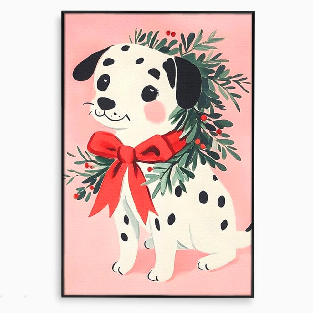 Tablou Canvas Premium, LuxCanva® D1093, Dalmatianul de Craciun, Bucurie, Gingasie, Funda, Rosie, Pui, Catel, Pete, Zambet, Blanos, Coronita, Brad, Canin, Roz, Magie, Camera Copil, Living, Dormitor