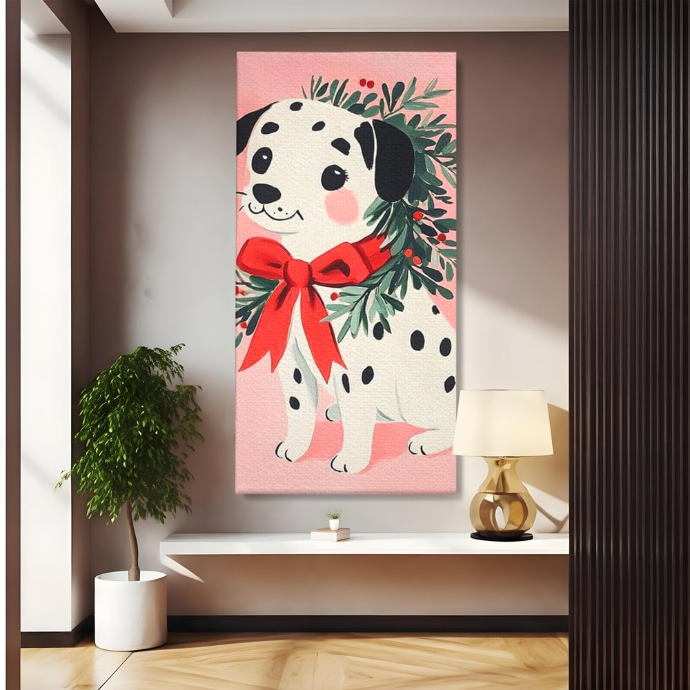 Tablou Canvas Premium, LuxCanva® D1093, Dalmatianul de Craciun, Bucurie, Gingasie, Funda, Rosie, Pui, Catel, Pete, Zambet, Blanos, Coronita, Brad, Canin, Roz, Magie, Camera Copil, Living, Dormitor