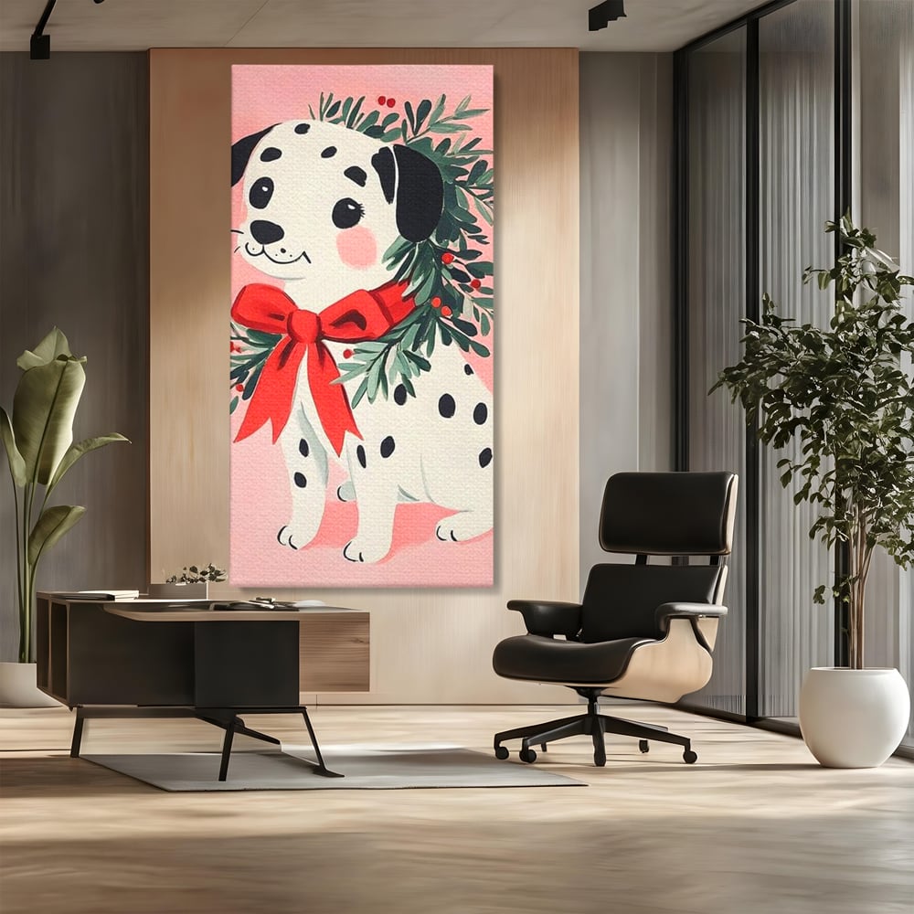 Tablou Canvas Premium, LuxCanva® D1093, Dalmatianul de Craciun, Bucurie, Gingasie, Funda, Rosie, Pui, Catel, Pete, Zambet, Blanos, Coronita, Brad, Canin, Roz, Magie, Camera Copil, Living, Dormitor