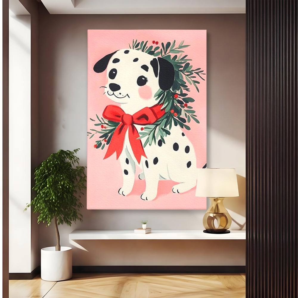 Tablou Canvas Premium, LuxCanva® D1093, Dalmatianul de Craciun, Bucurie, Gingasie, Funda, Rosie, Pui, Catel, Pete, Zambet, Blanos, Coronita, Brad, Canin, Roz, Magie, Camera Copil, Living, Dormitor