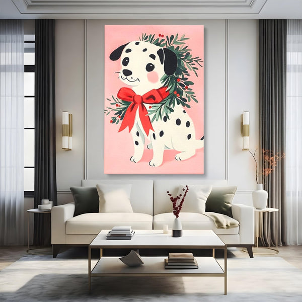 Tablou Canvas Premium, LuxCanva® D1093, Dalmatianul de Craciun, Bucurie, Gingasie, Funda, Rosie, Pui, Catel, Pete, Zambet, Blanos, Coronita, Brad, Canin, Roz, Magie, Camera Copil, Living, Dormitor