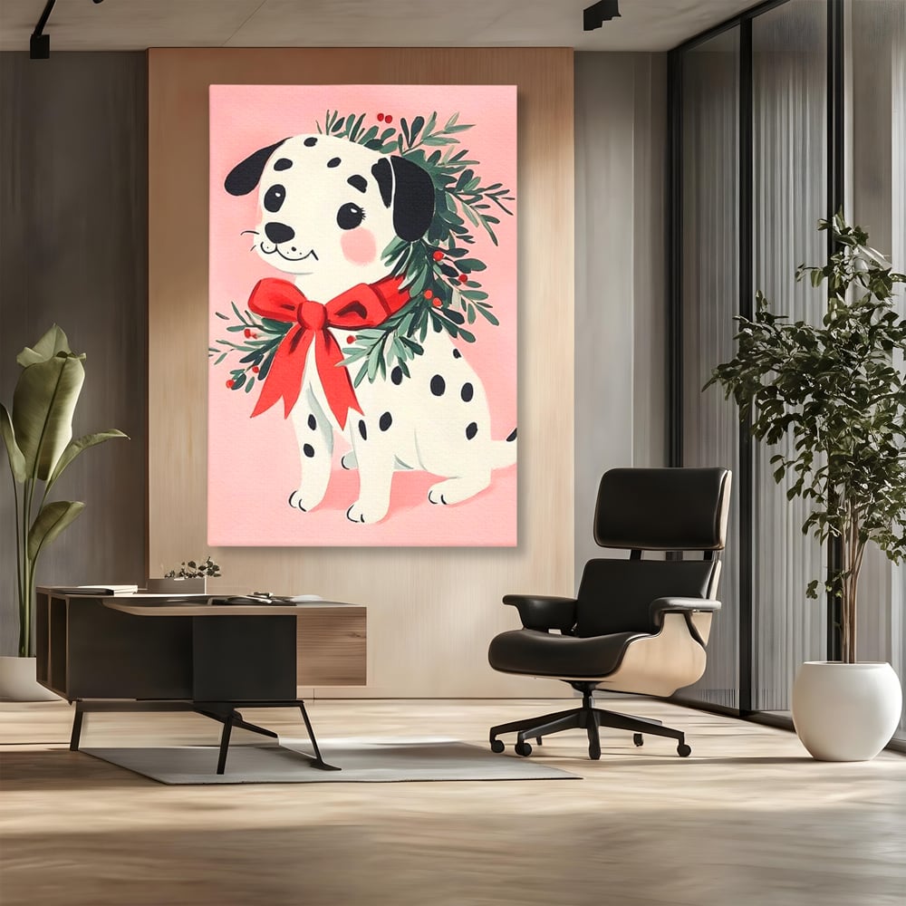 Tablou Canvas Premium, LuxCanva® D1093, Dalmatianul de Craciun, Bucurie, Gingasie, Funda, Rosie, Pui, Catel, Pete, Zambet, Blanos, Coronita, Brad, Canin, Roz, Magie, Camera Copil, Living, Dormitor