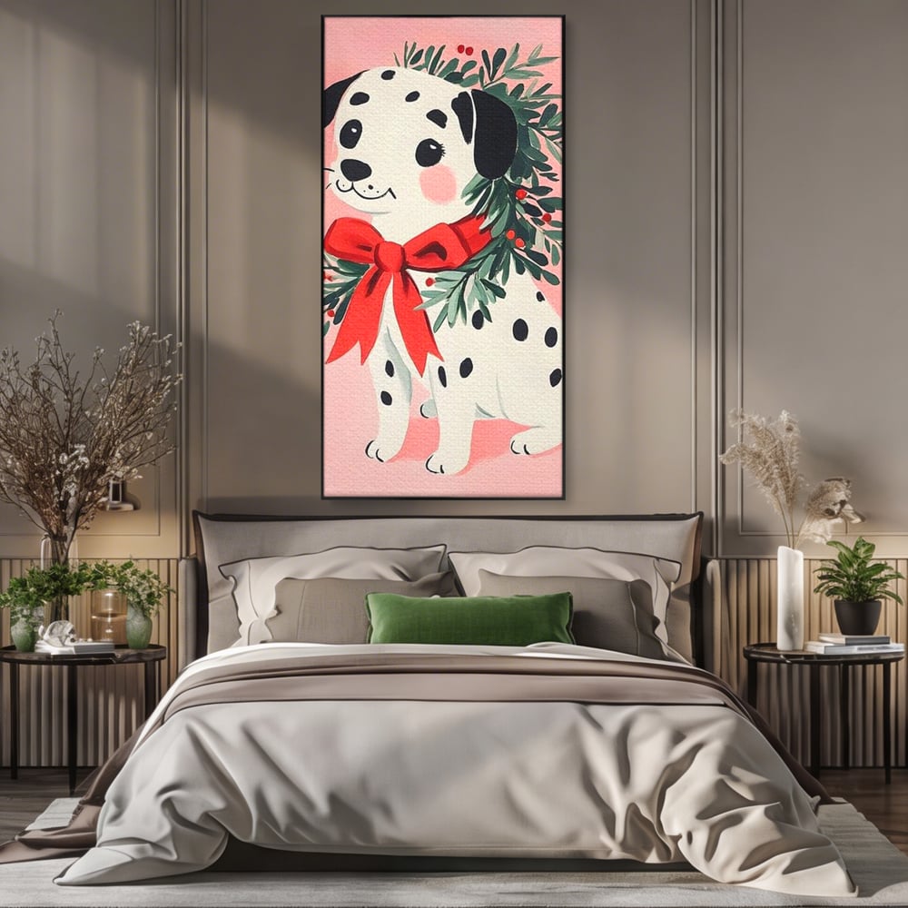 Tablou Canvas Premium, LuxCanva® D1093, Dalmatianul de Craciun, Bucurie, Gingasie, Funda, Rosie, Pui, Catel, Pete, Zambet, Blanos, Coronita, Brad, Canin, Roz, Magie, Camera Copil, Living, Dormitor