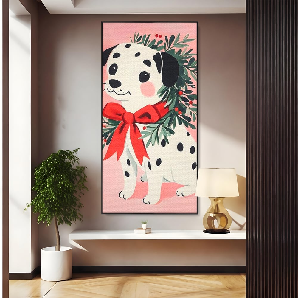 Tablou Canvas Premium, LuxCanva® D1093, Dalmatianul de Craciun, Bucurie, Gingasie, Funda, Rosie, Pui, Catel, Pete, Zambet, Blanos, Coronita, Brad, Canin, Roz, Magie, Camera Copil, Living, Dormitor
