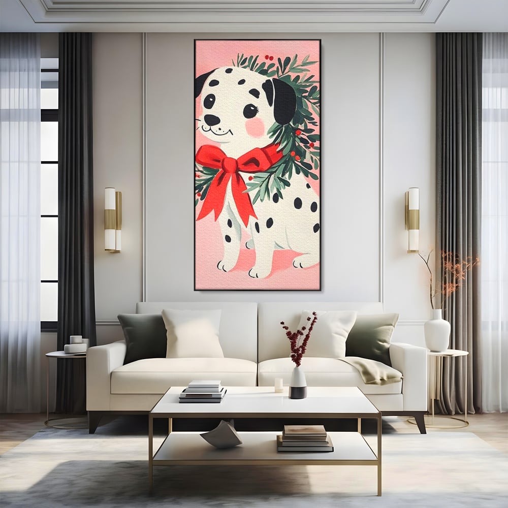 Tablou Canvas Premium, LuxCanva® D1093, Dalmatianul de Craciun, Bucurie, Gingasie, Funda, Rosie, Pui, Catel, Pete, Zambet, Blanos, Coronita, Brad, Canin, Roz, Magie, Camera Copil, Living, Dormitor