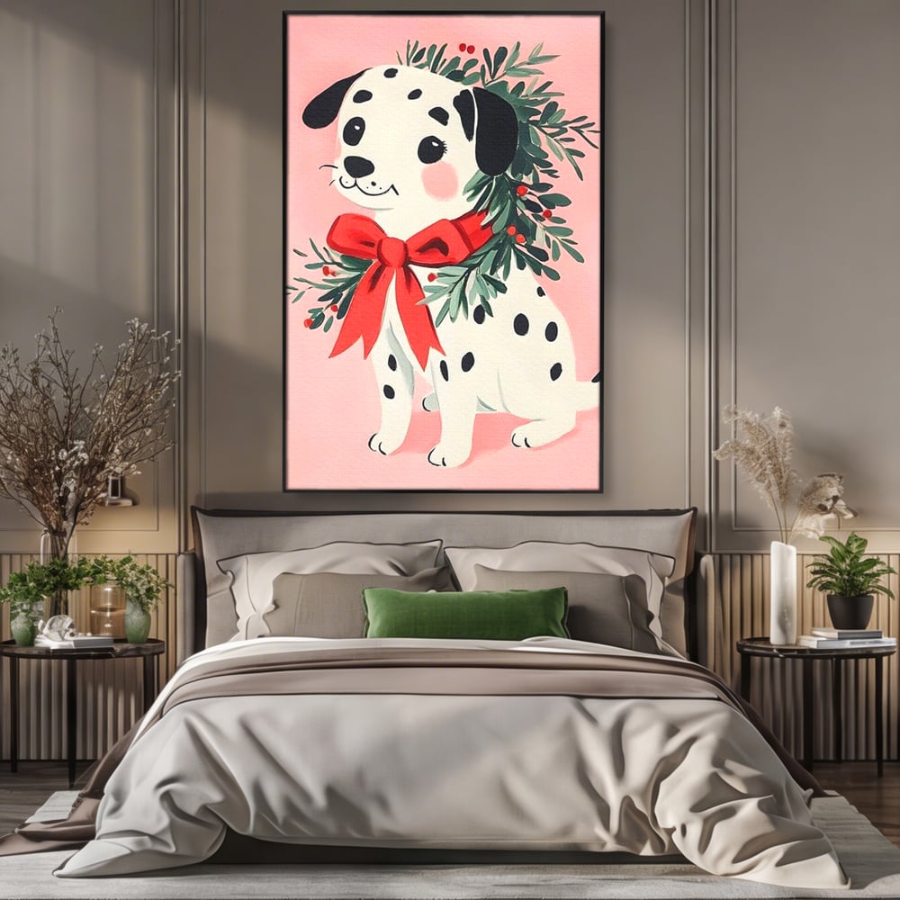 Tablou Canvas Premium, LuxCanva® D1093, Dalmatianul de Craciun, Bucurie, Gingasie, Funda, Rosie, Pui, Catel, Pete, Zambet, Blanos, Coronita, Brad, Canin, Roz, Magie, Camera Copil, Living, Dormitor