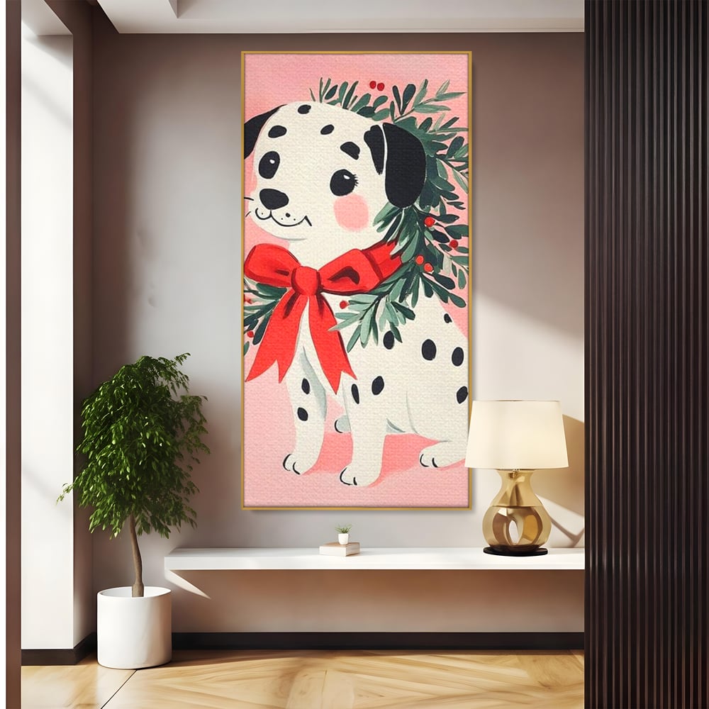 Tablou Canvas Premium, LuxCanva® D1093, Dalmatianul de Craciun, Bucurie, Gingasie, Funda, Rosie, Pui, Catel, Pete, Zambet, Blanos, Coronita, Brad, Canin, Roz, Magie, Camera Copil, Living, Dormitor