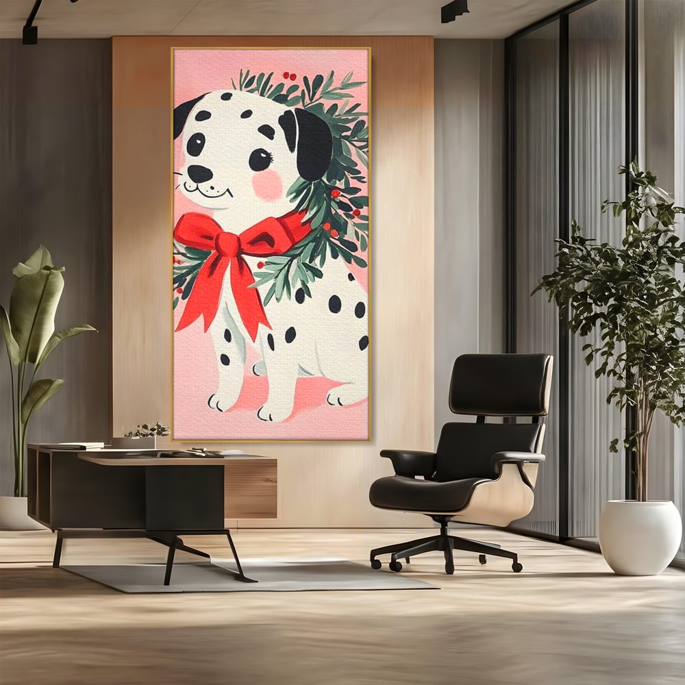 Tablou Canvas Premium, LuxCanva® D1093, Dalmatianul de Craciun, Bucurie, Gingasie, Funda, Rosie, Pui, Catel, Pete, Zambet, Blanos, Coronita, Brad, Canin, Roz, Magie, Camera Copil, Living, Dormitor