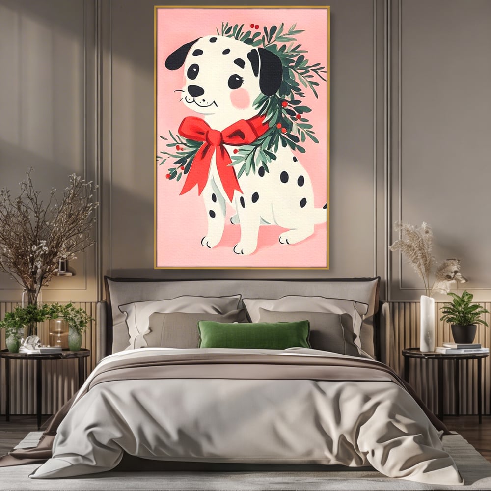 Tablou Canvas Premium, LuxCanva® D1093, Dalmatianul de Craciun, Bucurie, Gingasie, Funda, Rosie, Pui, Catel, Pete, Zambet, Blanos, Coronita, Brad, Canin, Roz, Magie, Camera Copil, Living, Dormitor