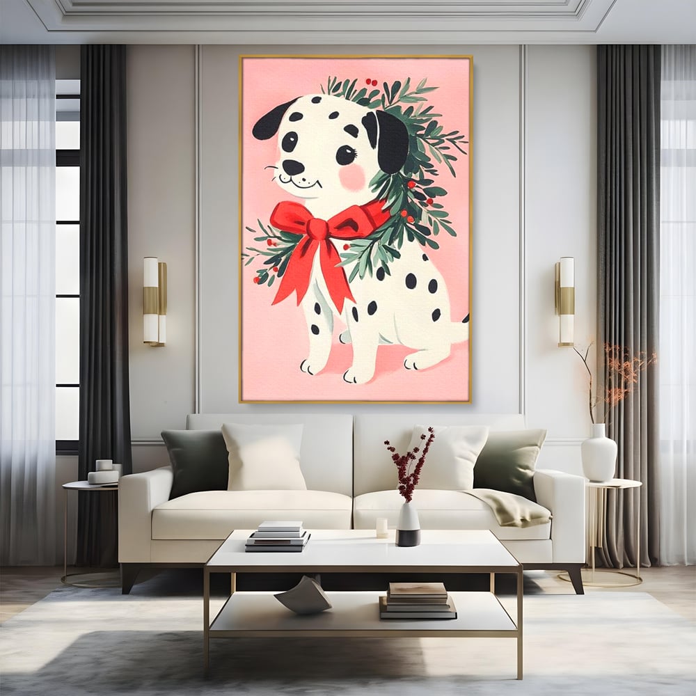 Tablou Canvas Premium, LuxCanva® D1093, Dalmatianul de Craciun, Bucurie, Gingasie, Funda, Rosie, Pui, Catel, Pete, Zambet, Blanos, Coronita, Brad, Canin, Roz, Magie, Camera Copil, Living, Dormitor