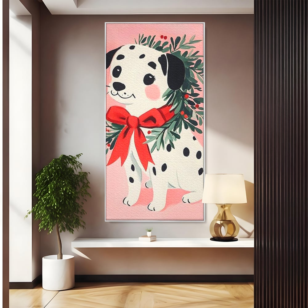 Tablou Canvas Premium, LuxCanva® D1093, Dalmatianul de Craciun, Bucurie, Gingasie, Funda, Rosie, Pui, Catel, Pete, Zambet, Blanos, Coronita, Brad, Canin, Roz, Magie, Camera Copil, Living, Dormitor