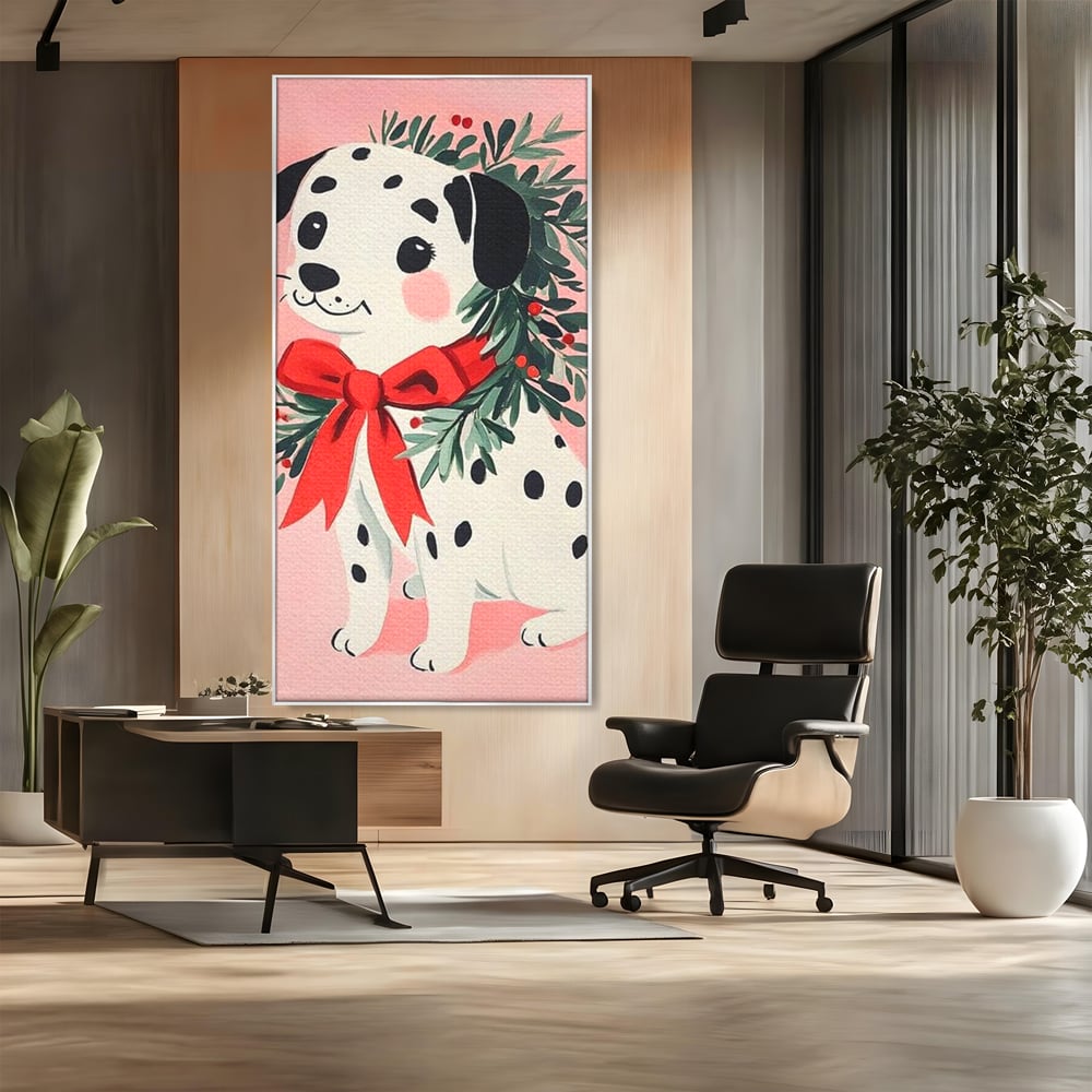 Tablou Canvas Premium, LuxCanva® D1093, Dalmatianul de Craciun, Bucurie, Gingasie, Funda, Rosie, Pui, Catel, Pete, Zambet, Blanos, Coronita, Brad, Canin, Roz, Magie, Camera Copil, Living, Dormitor