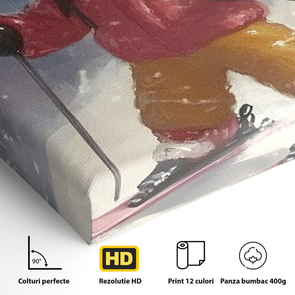 Tablou Canvas Premium, LuxCanva® D1094, Turtita pe Partie, Dulce, Prajitura, Schi, Iarna, Zapada, Munte, Aventura, Sport, Geaca, Rosie, Bucurie,Sarbatori, Veselie, Vacanta, Camera Copil, Living, Dormitor