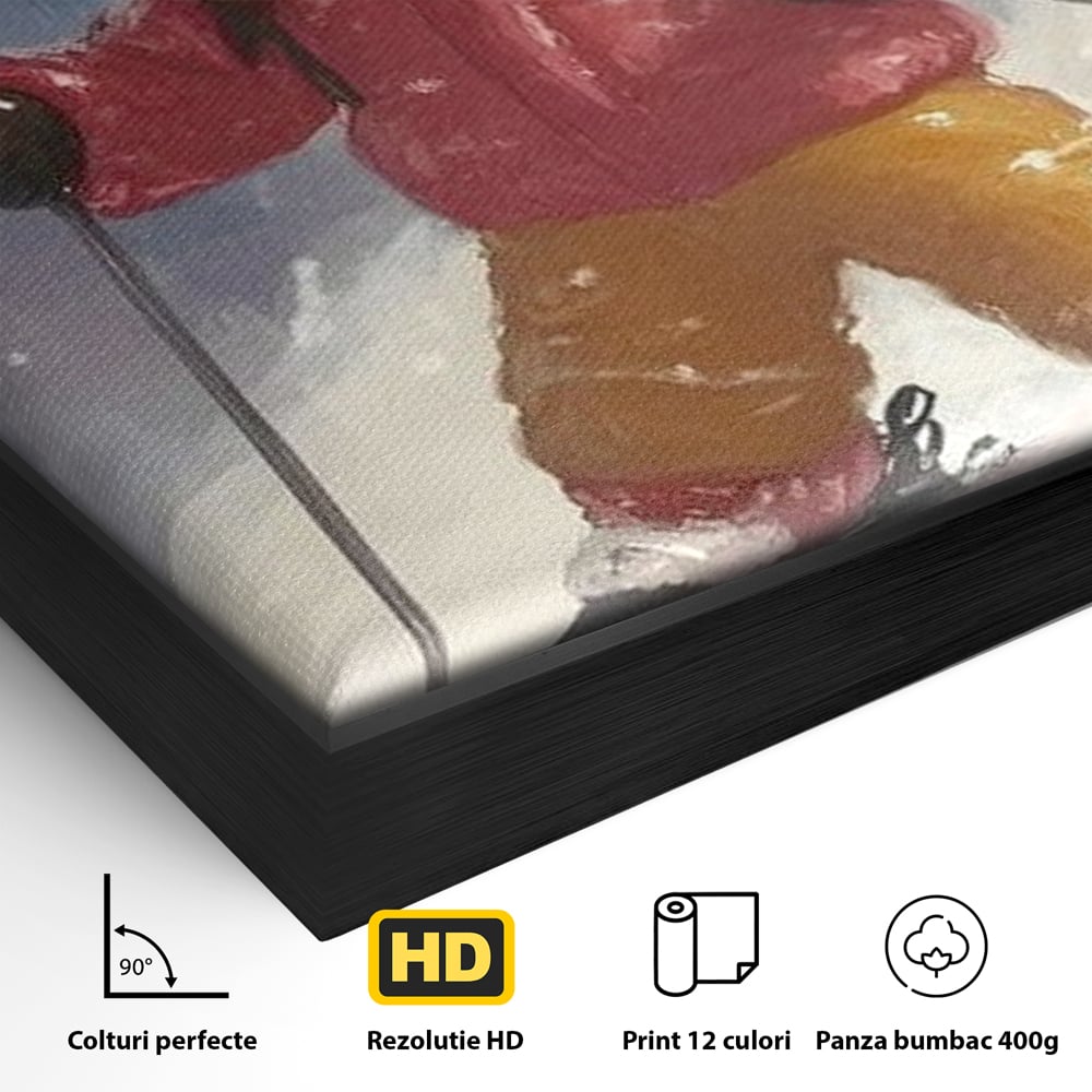 Tablou Canvas Premium, LuxCanva® D1094, Turtita pe Partie, Dulce, Prajitura, Schi, Iarna, Zapada, Munte, Aventura, Sport, Geaca, Rosie, Bucurie,Sarbatori, Veselie, Vacanta, Camera Copil, Living, Dormitor