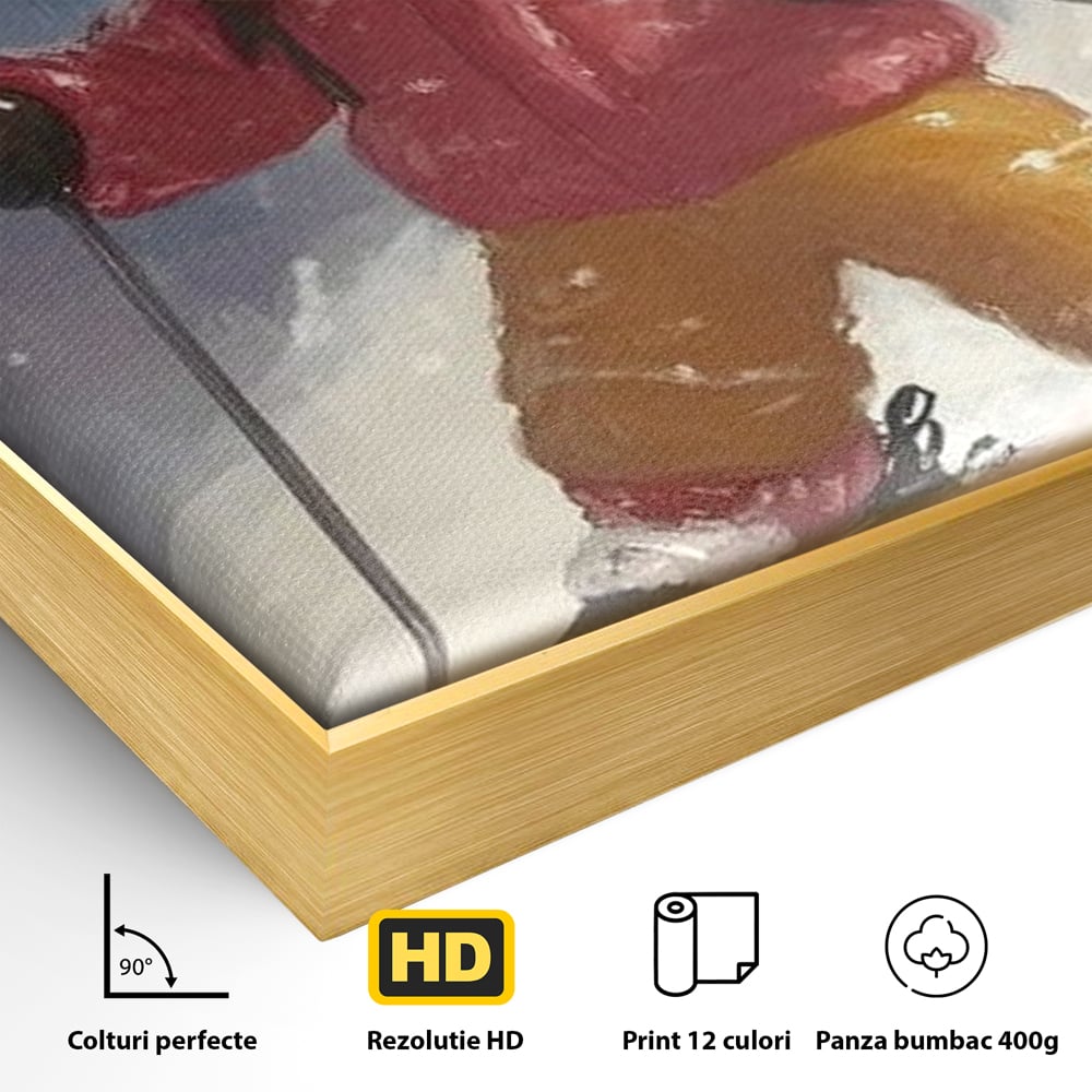 Tablou Canvas Premium, LuxCanva® D1094, Turtita pe Partie, Dulce, Prajitura, Schi, Iarna, Zapada, Munte, Aventura, Sport, Geaca, Rosie, Bucurie,Sarbatori, Veselie, Vacanta, Camera Copil, Living, Dormitor