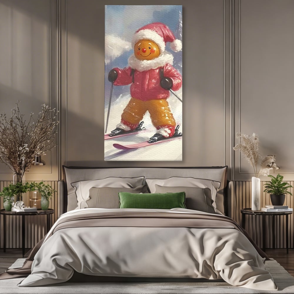 Tablou Canvas Premium, LuxCanva® D1094, Turtita pe Partie, Dulce, Prajitura, Schi, Iarna, Zapada, Munte, Aventura, Sport, Geaca, Rosie, Bucurie,Sarbatori, Veselie, Vacanta, Camera Copil, Living, Dormitor