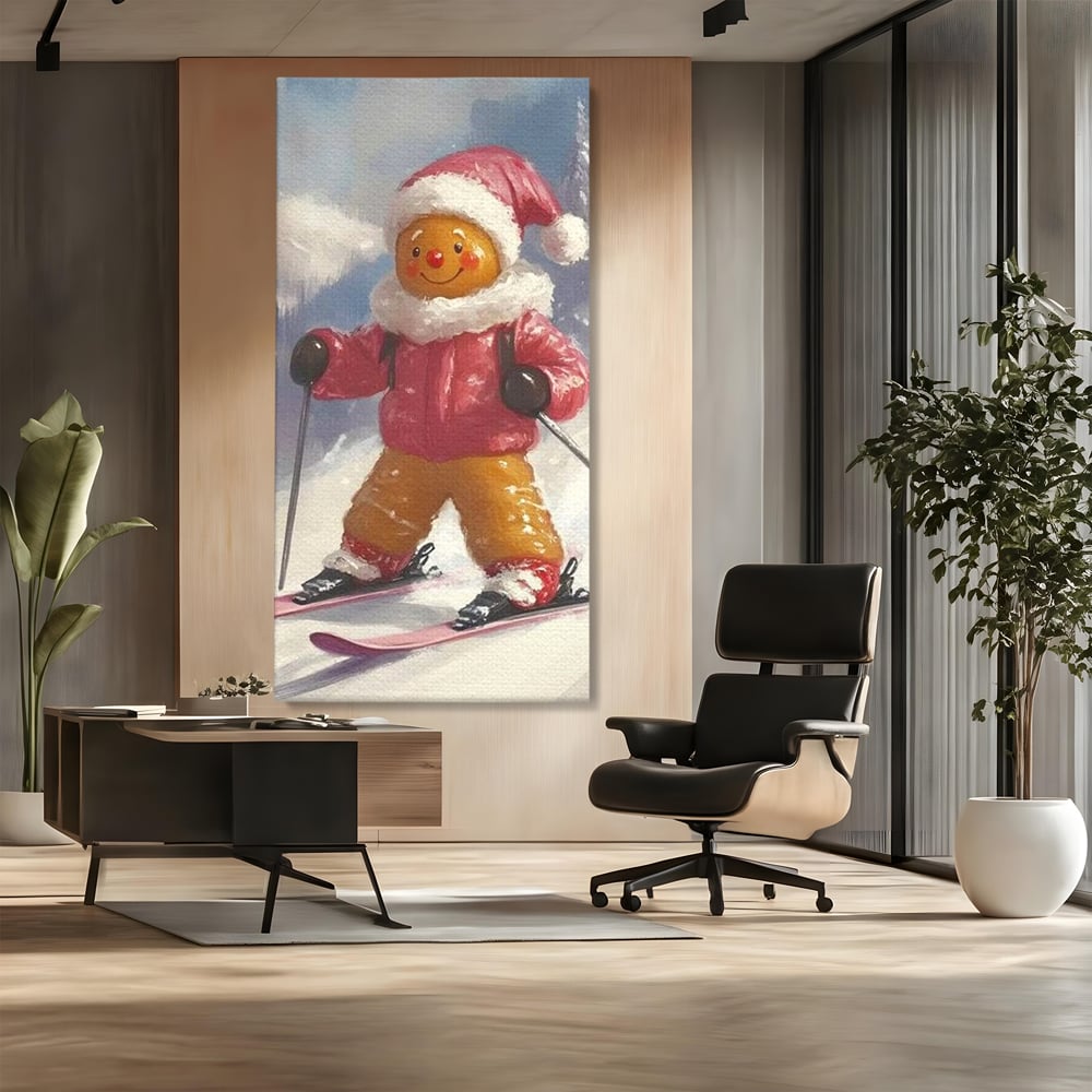 Tablou Canvas Premium, LuxCanva® D1094, Turtita pe Partie, Dulce, Prajitura, Schi, Iarna, Zapada, Munte, Aventura, Sport, Geaca, Rosie, Bucurie,Sarbatori, Veselie, Vacanta, Camera Copil, Living, Dormitor