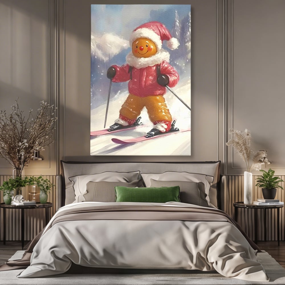 Tablou Canvas Premium, LuxCanva® D1094, Turtita pe Partie, Dulce, Prajitura, Schi, Iarna, Zapada, Munte, Aventura, Sport, Geaca, Rosie, Bucurie,Sarbatori, Veselie, Vacanta, Camera Copil, Living, Dormitor