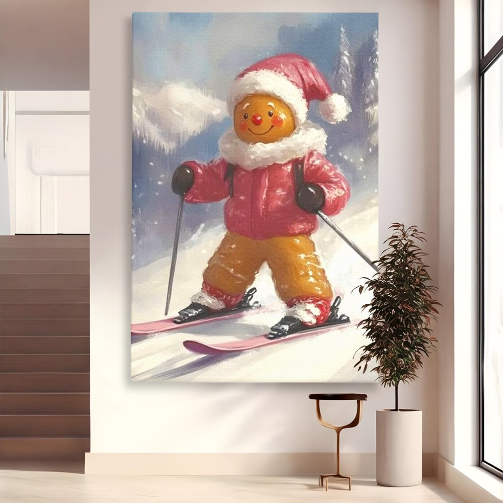 Tablou Canvas Premium, LuxCanva® D1094, Turtita pe Partie, Dulce, Prajitura, Schi, Iarna, Zapada, Munte, Aventura, Sport, Geaca, Rosie, Bucurie,Sarbatori, Veselie, Vacanta, Camera Copil, Living, Dormitor