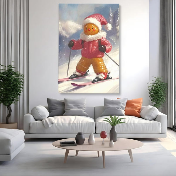 Tablou Canvas Premium, LuxCanva® D1094, Turtita pe Partie, Dulce, Prajitura, Schi, Iarna, Zapada, Munte, Aventura, Sport, Geaca, Rosie, Bucurie,Sarbatori, Veselie, Vacanta, Camera Copil, Living, Dormitor