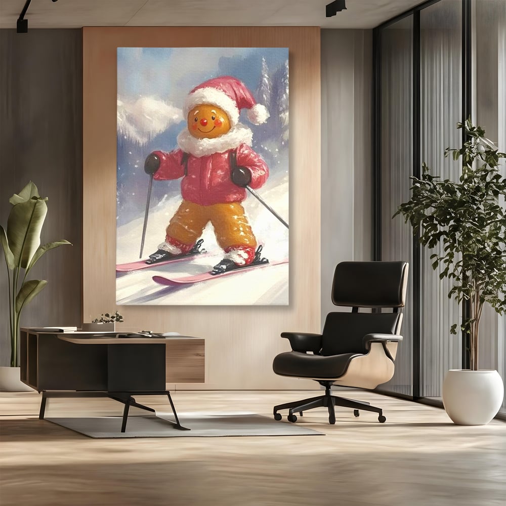 Tablou Canvas Premium, LuxCanva® D1094, Turtita pe Partie, Dulce, Prajitura, Schi, Iarna, Zapada, Munte, Aventura, Sport, Geaca, Rosie, Bucurie,Sarbatori, Veselie, Vacanta, Camera Copil, Living, Dormitor