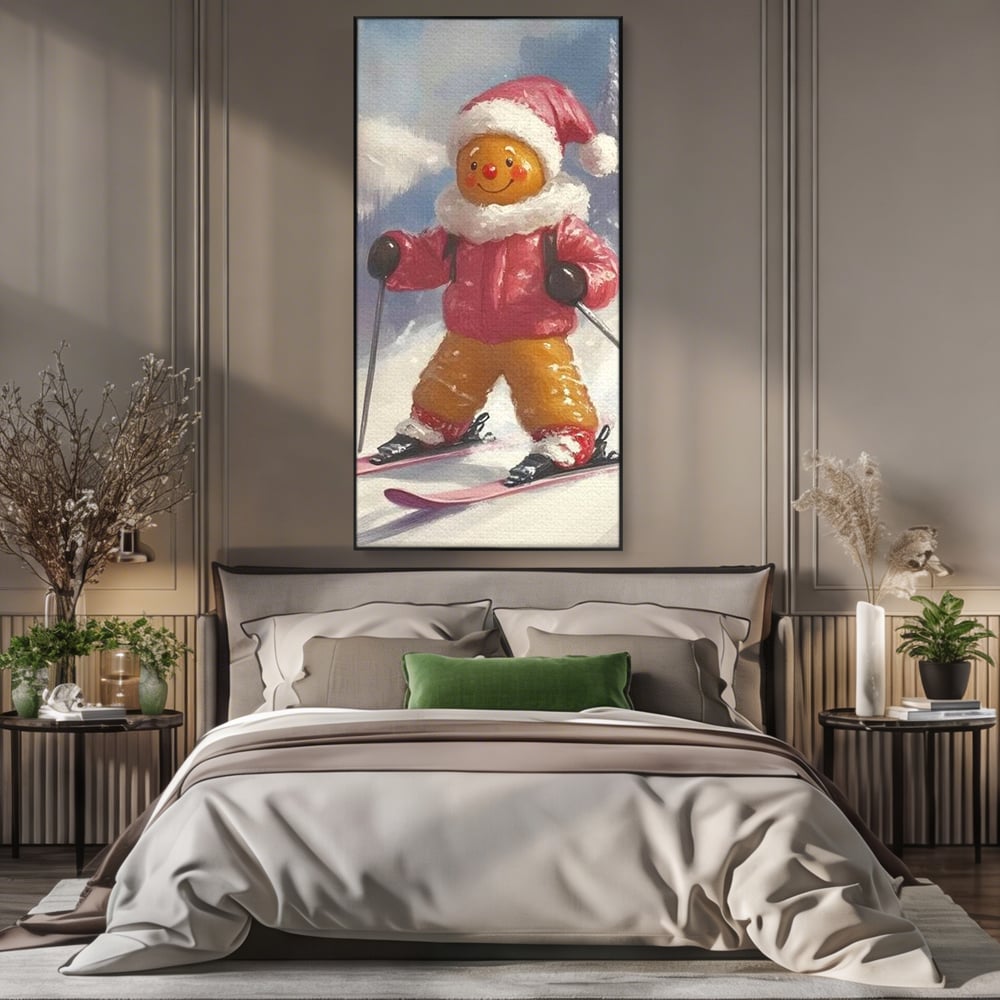 Tablou Canvas Premium, LuxCanva® D1094, Turtita pe Partie, Dulce, Prajitura, Schi, Iarna, Zapada, Munte, Aventura, Sport, Geaca, Rosie, Bucurie,Sarbatori, Veselie, Vacanta, Camera Copil, Living, Dormitor