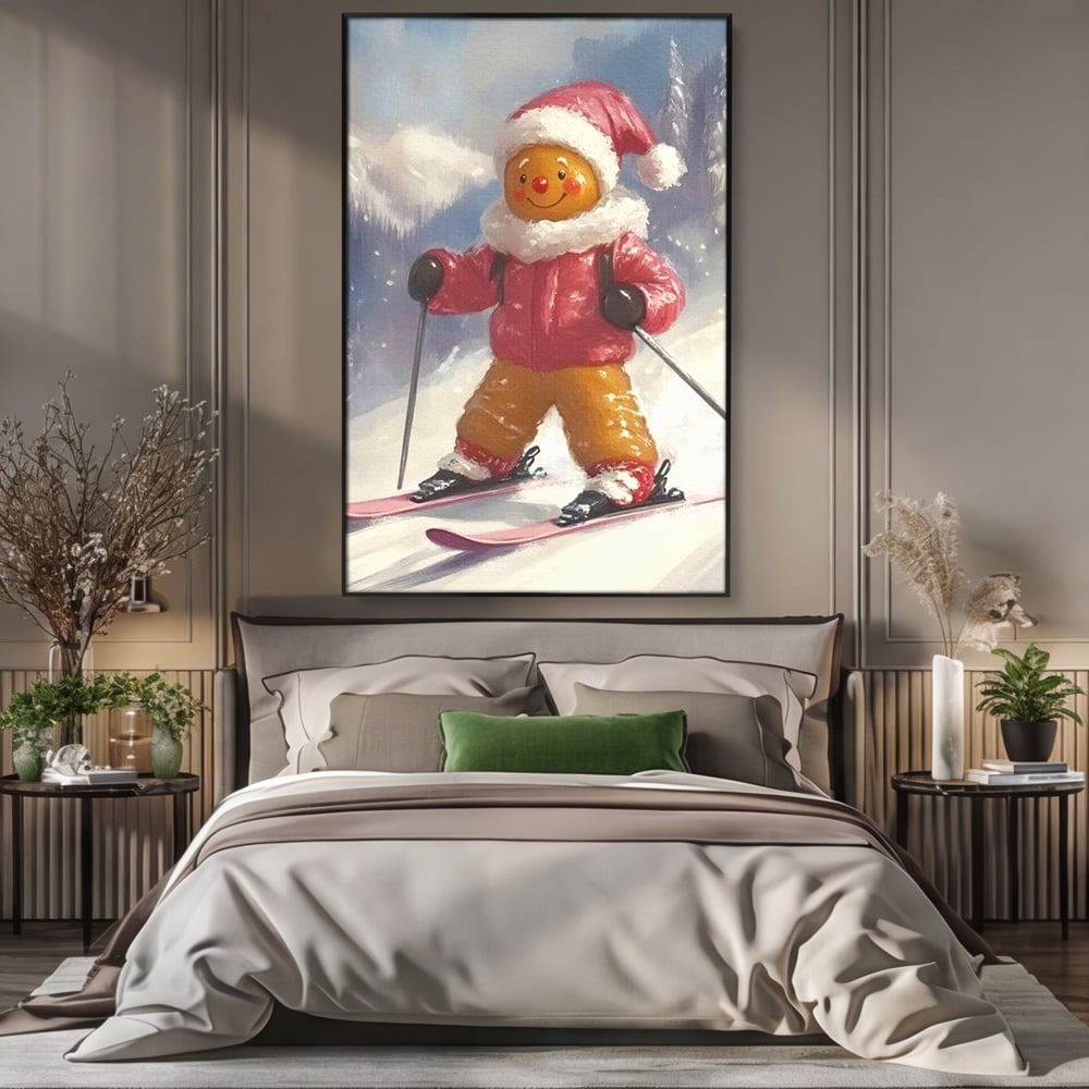 Tablou Canvas Premium, LuxCanva® D1094, Turtita pe Partie, Dulce, Prajitura, Schi, Iarna, Zapada, Munte, Aventura, Sport, Geaca, Rosie, Bucurie,Sarbatori, Veselie, Vacanta, Camera Copil, Living, Dormitor