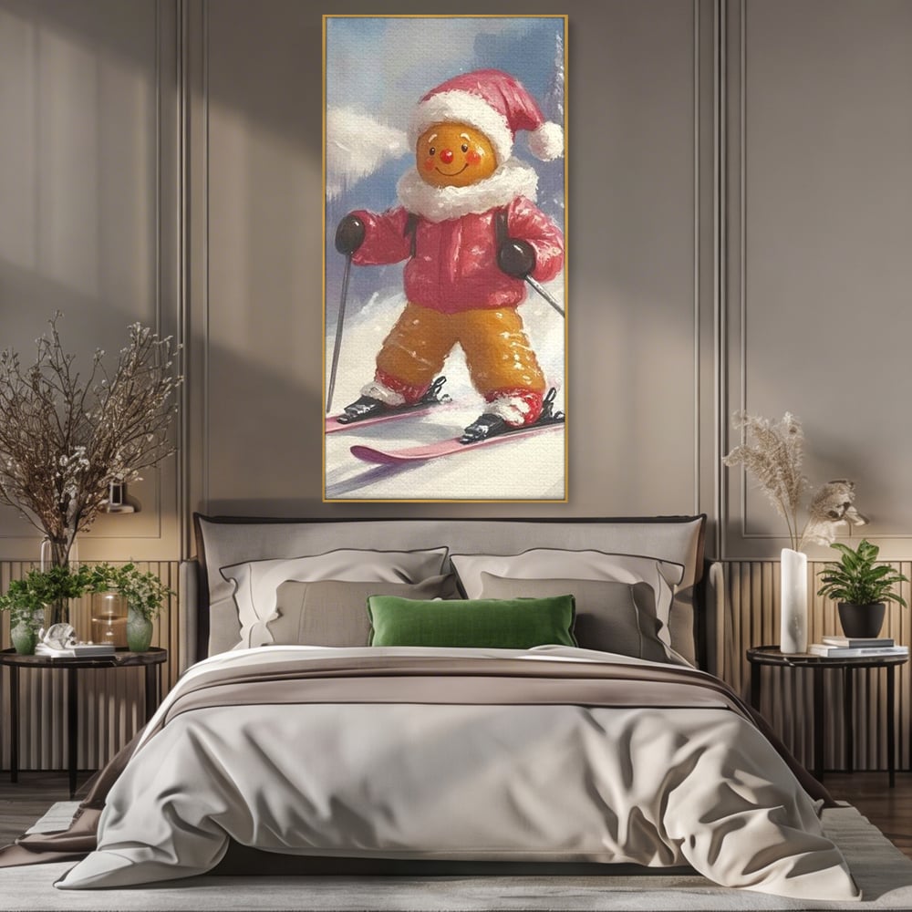 Tablou Canvas Premium, LuxCanva® D1094, Turtita pe Partie, Dulce, Prajitura, Schi, Iarna, Zapada, Munte, Aventura, Sport, Geaca, Rosie, Bucurie,Sarbatori, Veselie, Vacanta, Camera Copil, Living, Dormitor