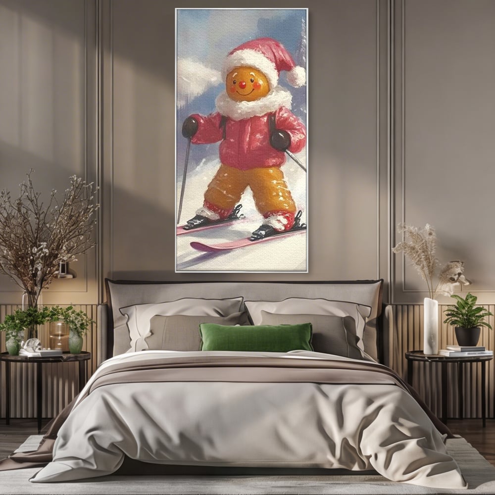 Tablou Canvas Premium, LuxCanva® D1094, Turtita pe Partie, Dulce, Prajitura, Schi, Iarna, Zapada, Munte, Aventura, Sport, Geaca, Rosie, Bucurie,Sarbatori, Veselie, Vacanta, Camera Copil, Living, Dormitor