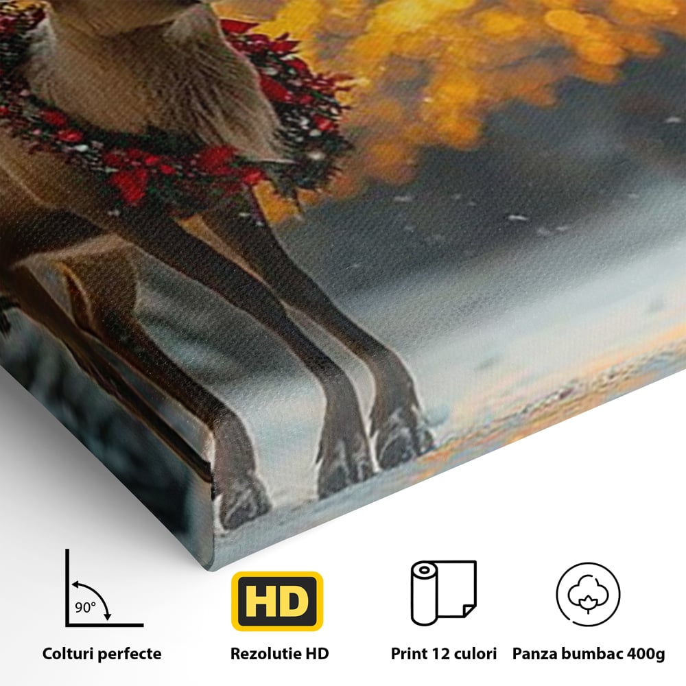 Tablou Canvas Premium, LuxCanva® D1095, Calatorul Craciunului, Iarna, Craciun, Ren, Lumini, Padure, Natura, Sarbatori, Liniste, Ninsoare, Basm, Poveste, Bucurie, Magie, Festiv, Living, Dormitor