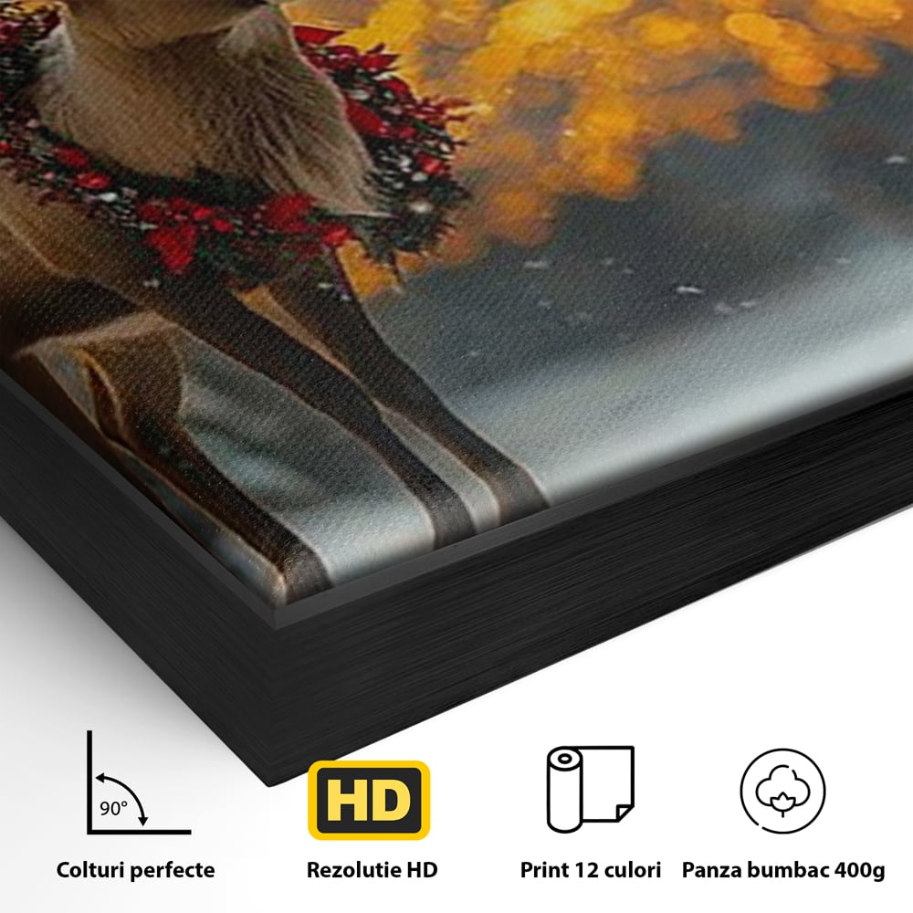 Tablou Canvas Premium, LuxCanva® D1095, Calatorul Craciunului, Iarna, Craciun, Ren, Lumini, Padure, Natura, Sarbatori, Liniste, Ninsoare, Basm, Poveste, Bucurie, Magie, Festiv, Living, Dormitor