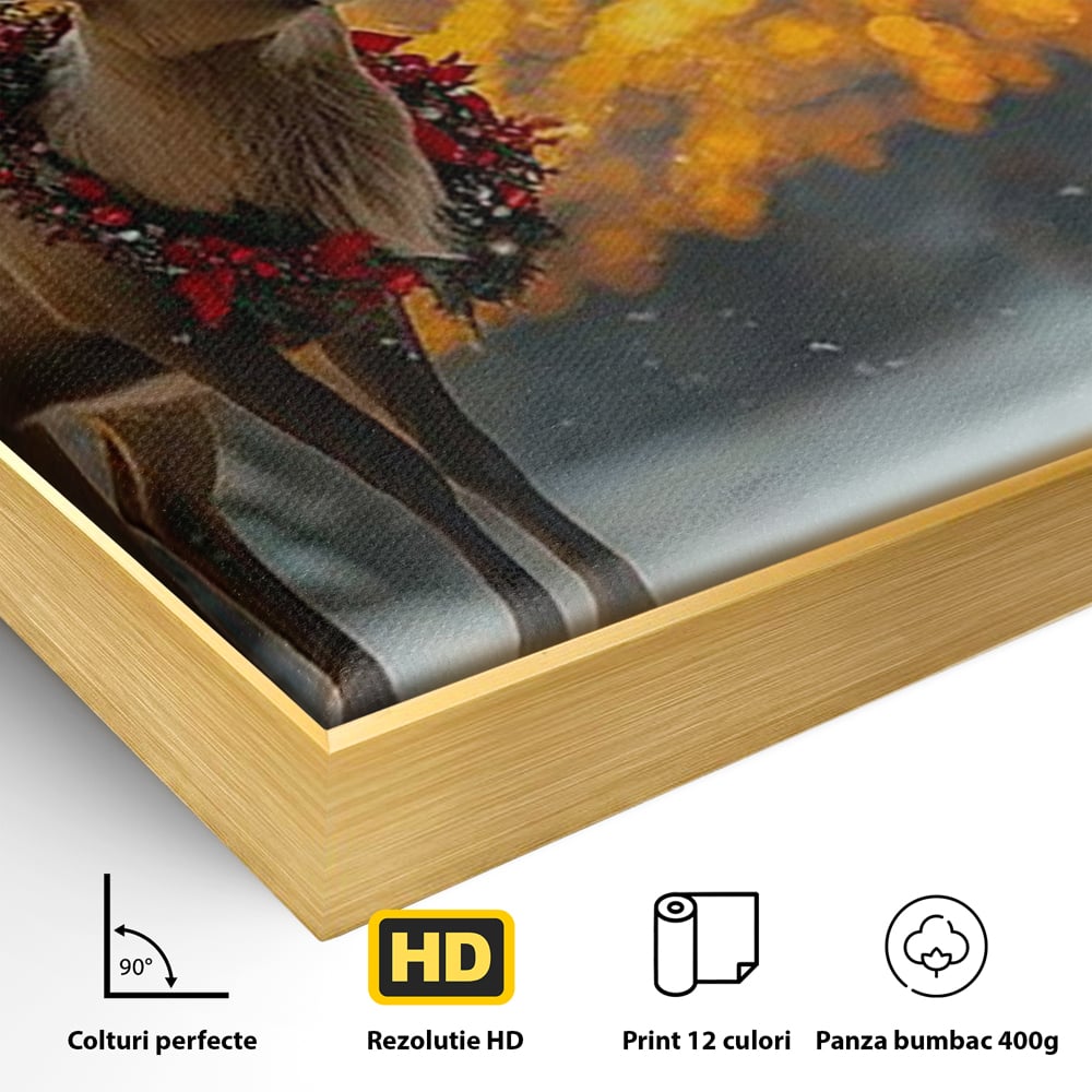 Tablou Canvas Premium, LuxCanva® D1095, Calatorul Craciunului, Iarna, Craciun, Ren, Lumini, Padure, Natura, Sarbatori, Liniste, Ninsoare, Basm, Poveste, Bucurie, Magie, Festiv, Living, Dormitor