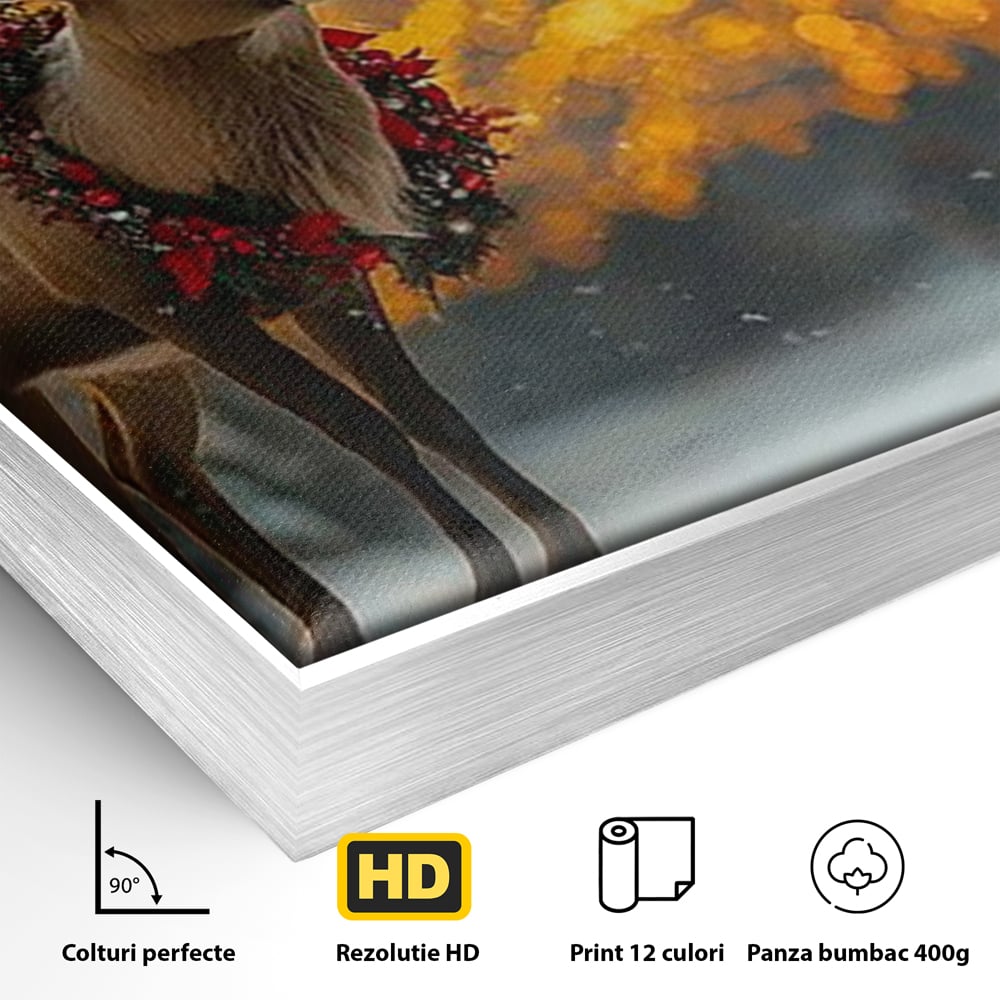Tablou Canvas Premium, LuxCanva® D1095, Calatorul Craciunului, Iarna, Craciun, Ren, Lumini, Padure, Natura, Sarbatori, Liniste, Ninsoare, Basm, Poveste, Bucurie, Magie, Festiv, Living, Dormitor