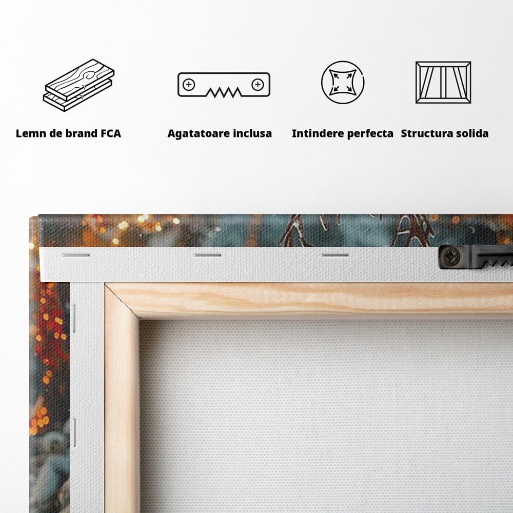 Tablou Canvas Premium, LuxCanva® D1095, Calatorul Craciunului, Iarna, Craciun, Ren, Lumini, Padure, Natura, Sarbatori, Liniste, Ninsoare, Basm, Poveste, Bucurie, Magie, Festiv, Living, Dormitor