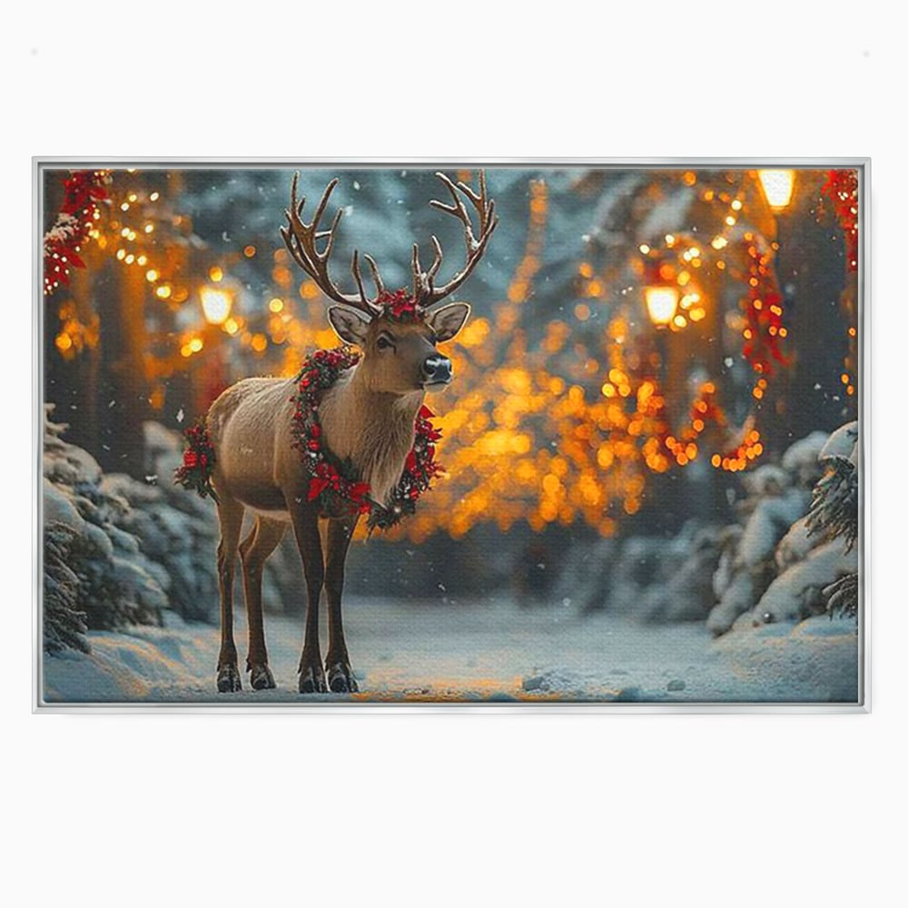 Tablou Canvas Premium, LuxCanva® D1095, Calatorul Craciunului, Iarna, Craciun, Ren, Lumini, Padure, Natura, Sarbatori, Liniste, Ninsoare, Basm, Poveste, Bucurie, Magie, Festiv, Living, Dormitor