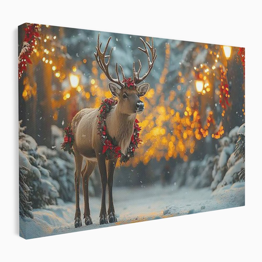 Tablou Canvas Premium, LuxCanva® D1095, Calatorul Craciunului, Iarna, Craciun, Ren, Lumini, Padure, Natura, Sarbatori, Liniste, Ninsoare, Basm, Poveste, Bucurie, Magie, Festiv, Living, Dormitor