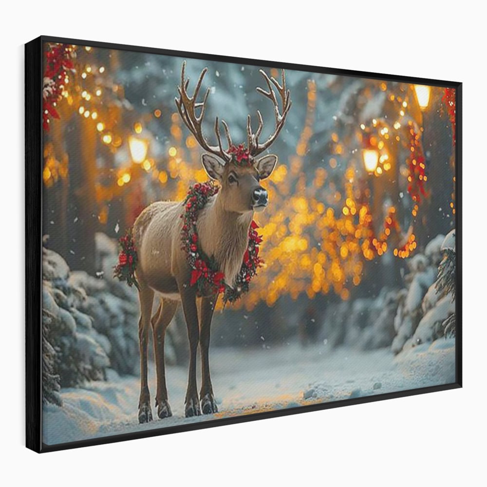 Tablou Canvas Premium, LuxCanva® D1095, Calatorul Craciunului, Iarna, Craciun, Ren, Lumini, Padure, Natura, Sarbatori, Liniste, Ninsoare, Basm, Poveste, Bucurie, Magie, Festiv, Living, Dormitor
