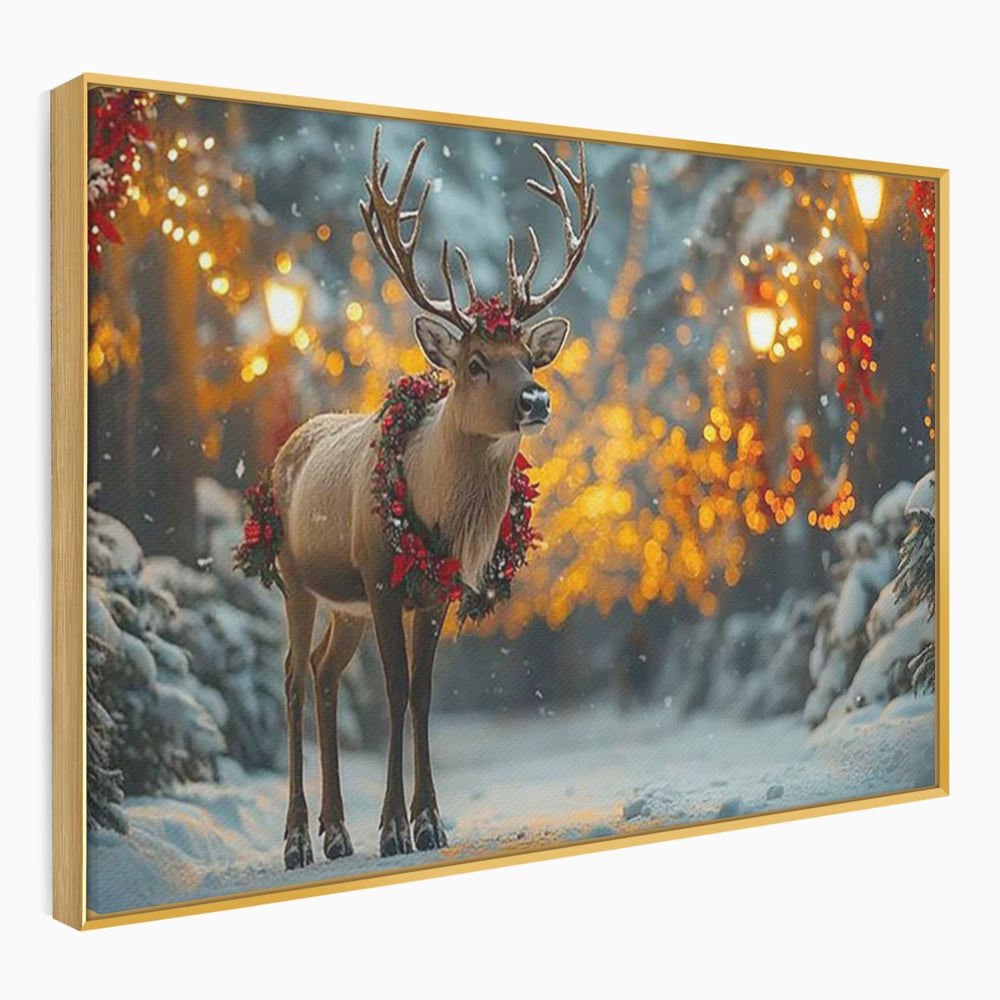Tablou Canvas Premium, LuxCanva® D1095, Calatorul Craciunului, Iarna, Craciun, Ren, Lumini, Padure, Natura, Sarbatori, Liniste, Ninsoare, Basm, Poveste, Bucurie, Magie, Festiv, Living, Dormitor