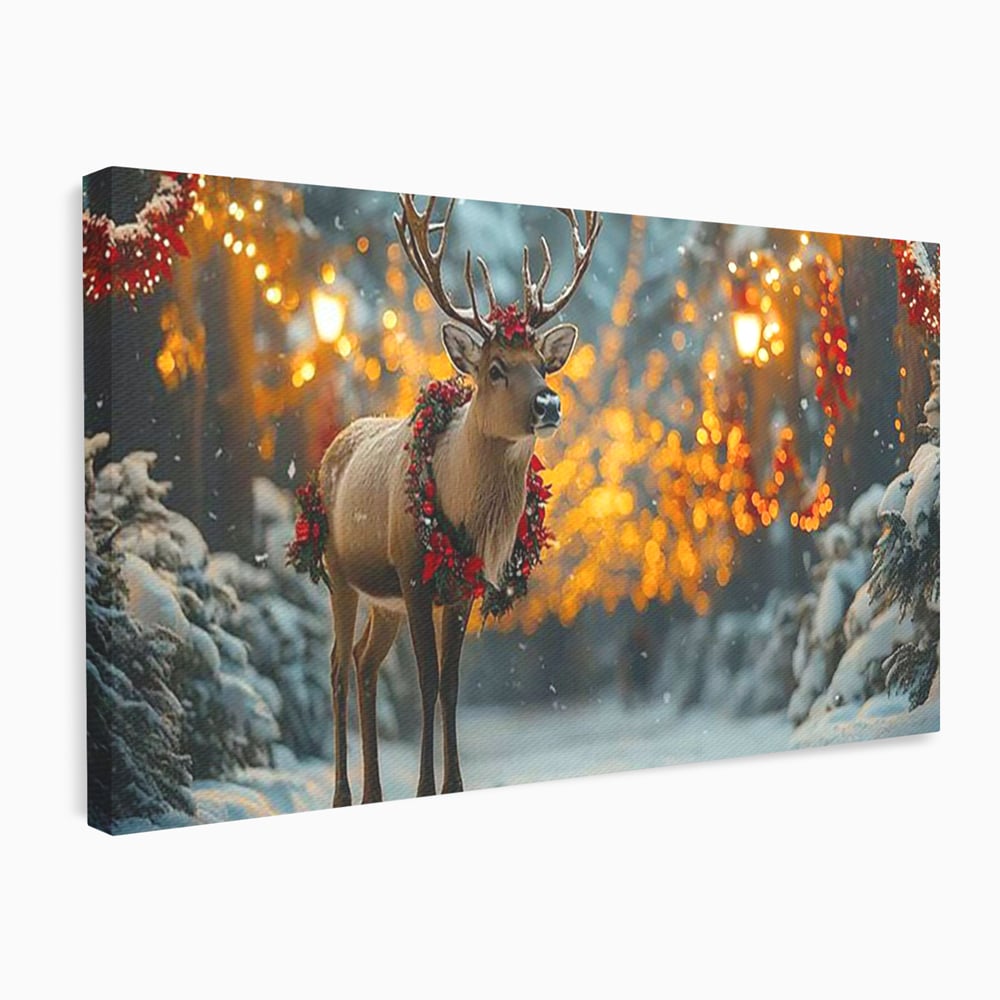 Tablou Canvas Premium, LuxCanva® D1095, Calatorul Craciunului, Iarna, Craciun, Ren, Lumini, Padure, Natura, Sarbatori, Liniste, Ninsoare, Basm, Poveste, Bucurie, Magie, Festiv, Living, Dormitor