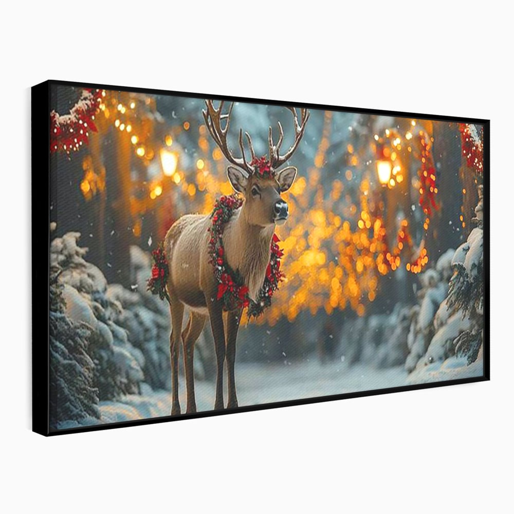Tablou Canvas Premium, LuxCanva® D1095, Calatorul Craciunului, Iarna, Craciun, Ren, Lumini, Padure, Natura, Sarbatori, Liniste, Ninsoare, Basm, Poveste, Bucurie, Magie, Festiv, Living, Dormitor