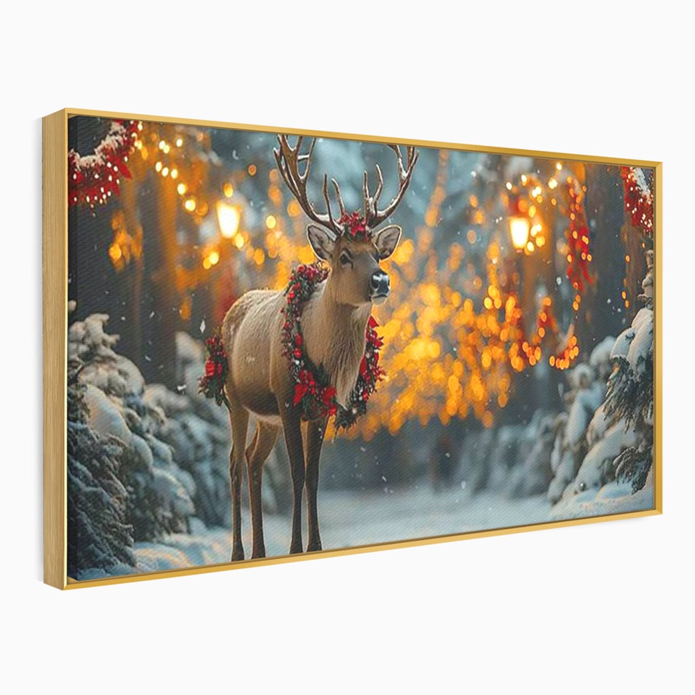 Tablou Canvas Premium, LuxCanva® D1095, Calatorul Craciunului, Iarna, Craciun, Ren, Lumini, Padure, Natura, Sarbatori, Liniste, Ninsoare, Basm, Poveste, Bucurie, Magie, Festiv, Living, Dormitor