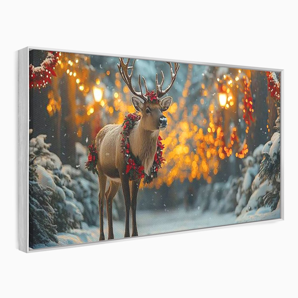 Tablou Canvas Premium, LuxCanva® D1095, Calatorul Craciunului, Iarna, Craciun, Ren, Lumini, Padure, Natura, Sarbatori, Liniste, Ninsoare, Basm, Poveste, Bucurie, Magie, Festiv, Living, Dormitor