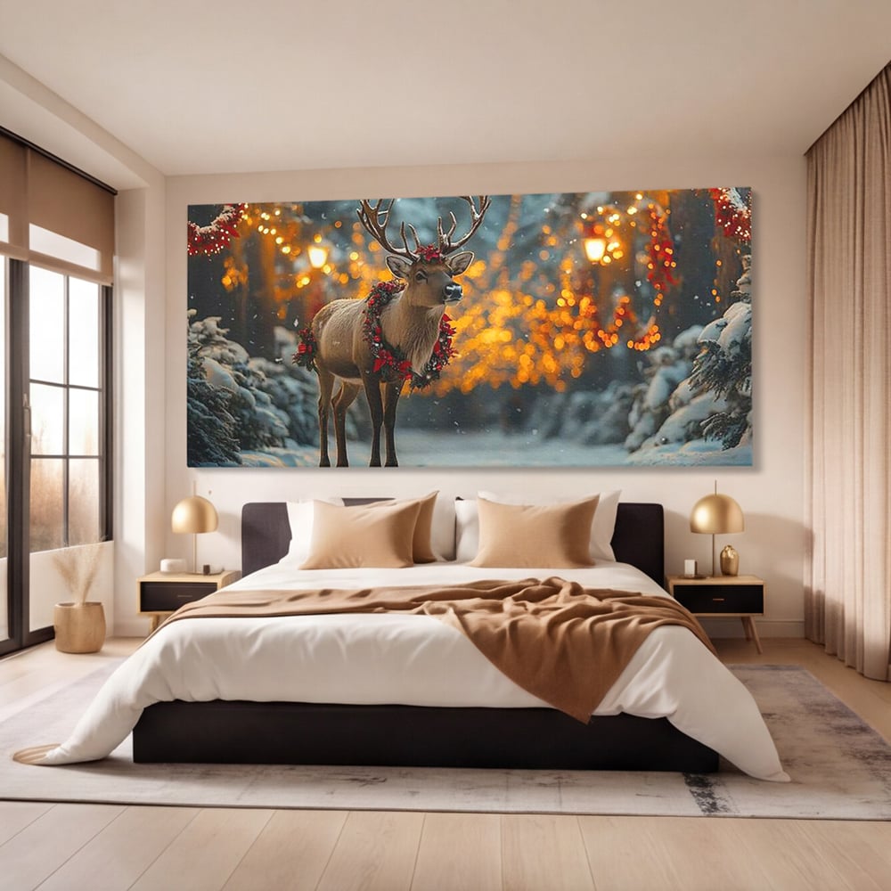 Tablou Canvas Premium, LuxCanva® D1095, Calatorul Craciunului, Iarna, Craciun, Ren, Lumini, Padure, Natura, Sarbatori, Liniste, Ninsoare, Basm, Poveste, Bucurie, Magie, Festiv, Living, Dormitor